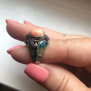Sterling silver, cloissinne, and coral ring